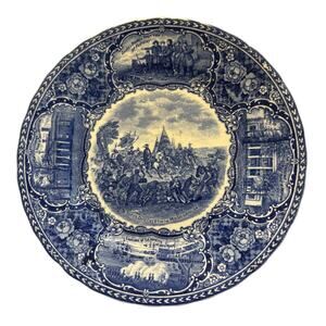 Souvenir plate travel history tourism collectible blue & white Staffordshire 9"